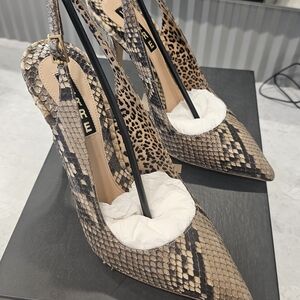 Women's Snake-Print Pointed Toe Slingback Heels - Brown